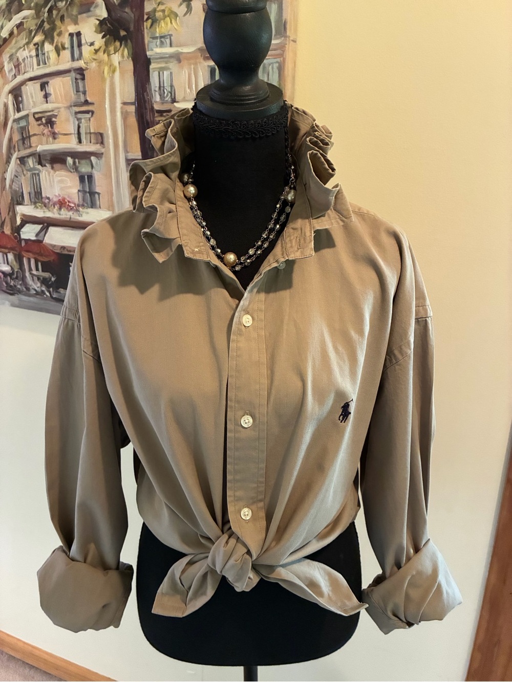 Ralph Lauren Khaki Button-Down Shirt with Ruffle Collar